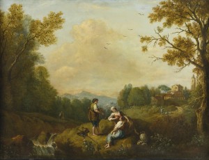 Italian river landscape with three figures